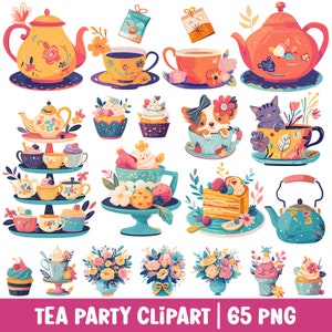 Cute Tea Party Clipart Transparent PNG Bundle Set Teapot Teacup Cupcake Watercolor Illustration Birthday Party Décor Kids Craft Baby Shower