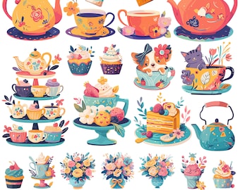 Puede incluir: Una colección de ilustraciones de fiesta de té con teteras, tazas, cupcakes, arreglos florales y un soporte de varios niveles. Los gráficos incluyen un gato en una taza, un trozo de pastel y flores. El texto dice TEA PARTY CLIPART 65 PNG.