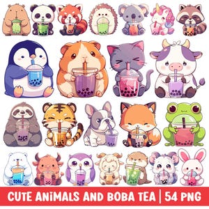 Kawaii Animals Boba Tea Clipart PNG Bundle Set Cute Animal Cartoon Illustration Cat Dog Capybara Penguin Cow Sloth Panda Drink Bubble Tea