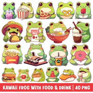 Kawaii Frog Clipart Cute Food and Drink PNG Bundle Set Cartoon Illustration Ramen Boba Tea Coffee Pizza Taco Donut Sushi Strawberry Milk