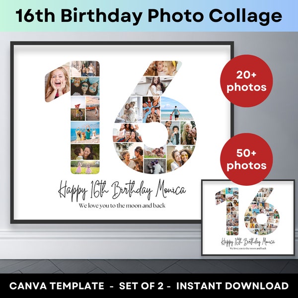 16th Birthday Number 16 Photo Collage Printable Canva Frame Template 16th Anniversary Picture Collage 8x10 Poster Birthday Gift Son Daughter