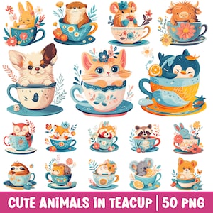 Cute Animal in Teacup Clipart Transparent PNG Bundle Set Tea Party Watercolor Illustration Birthday Décor Cartoon Art Kids Craft Baby Shower