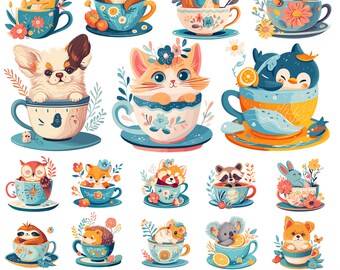 Puede incluir: Una colección de ilustraciones con varios animales, incluyendo un conejo, nutria, ratón, vaca highland, perro, gato, pingüino, búho, zorro, mapache, perezoso, erizo y koala, cada uno sentado dentro de una taza de té decorativa con su plato.