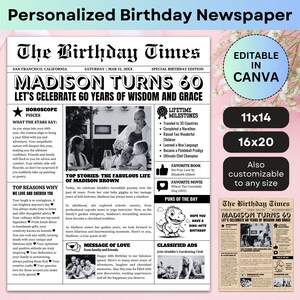 Modelo de jornal, decoração de festa de aniversário, quadro de boas-vindas, pôster para impressão, decoração, presente personalizado, engraçado, editável, modelo personalizado do Canva