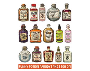 Halloween Potion Labels PNG Bundle, Retro Vintage Horror Clipart, Funny Spooky Witch Bottle Label Parody, Gothic Stickers, Junk Journal