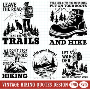 Vintage Wandern PNG Outdoor Berge SVG-Datei Inspirierende Wanderer Zitate Clipart Bundle druckbare Aufkleber Sublimation Bild kommerzielle Nutzung