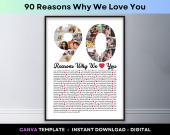 90 Reasons Why We Love You Photo Collage Reasons Why I Love You 90th Birthday Poster Print Gift for Mom Dad Grandpa Grandma Canva Template