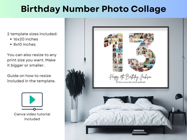 Pu&ograve; includere: Un collage fotografico bianco con il numero 13 composto da foto pi&ugrave; piccole. Il testo "Happy 13th Birthday Jackson" e "We love you to the moon and back" si trova sotto il numero. Il collage &egrave; incorniciato e appeso a un muro sopra un letto bianco.