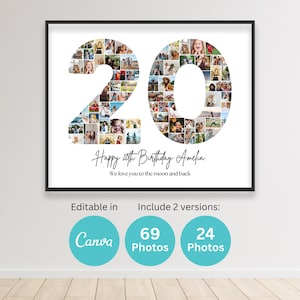 20. Geburtstag Nummer 20 Fotocollage Druckbare Canva Rahmen Vorlage 20. Jahrestag Bildcollage 8x10 Poster Personalisiertes Geburtstagsgeschenk