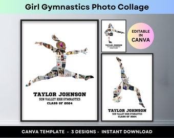 体操スポーツ写真コラージュ 女の子の体操選手 シニアナイト 卒業ギフト コーチ写真コラージュ カスタム DIY 印刷可能ポスター Canva テンプレート