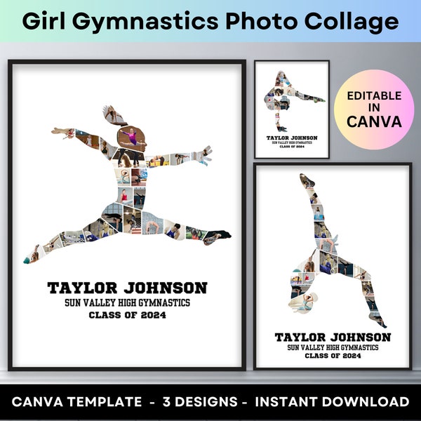 Gymnastics Sports Photo Collage Girl Gymnast Senior Night Graduation Gift Coach Picture Collage Custom DIY Printable Poster Canva Template