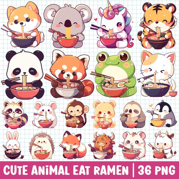 Cute Animals Eat Ramen Clipart Transparent PNG Bundle Set Kawaii Anime Cartoon Illustration Cat Dog Panda Tiger Sloth Penguin Unicorn Frog