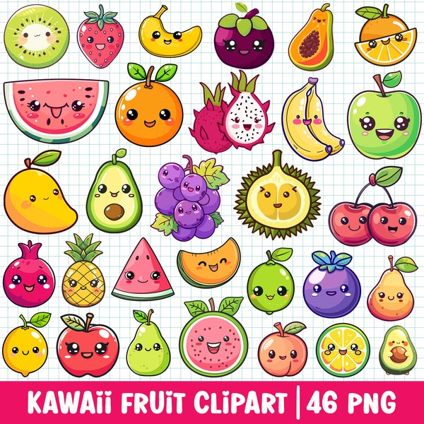 Kawaii Fruit Clipart Transparent PNG Bundle Set Cute Fruits Cartoon Illustration Strawberry Watermelon Cherry Pineapple Banana Apple Pear