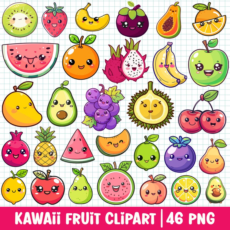 May include: A set of 46 colorful cartoon fruit illustrations with cute faces. The fruits include watermelon, kiwi, strawberry, banana, mangosteen, papaya, orange, dragon fruit, apple, mango, avocado, grapes, durian, cherry, cantaloupe, lime, blueberry, pear, guava, peach, lemon, and avocado.