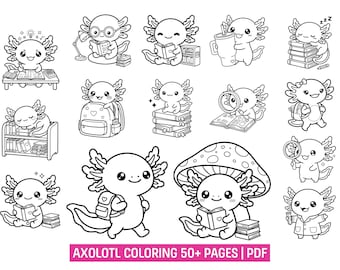 Axolotl School Coloring Pages Bundle, Cute Back to School Coloring Book for Kids, Classroom Activity, Homeschool Worksheets, Printable PDF
