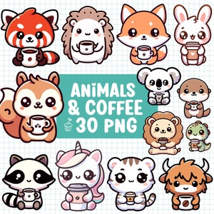 Animals with Coffee Clipart Cute Kawaii Baby Animal Cartoon Transparent PNG Bundle Sloth Koala Penguin Cat Dog Unicorn Sublimation Design
