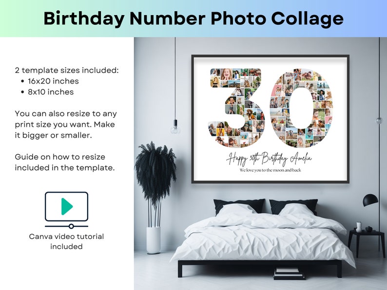 30th birthday number 30 photo collage printable canva frame etsy