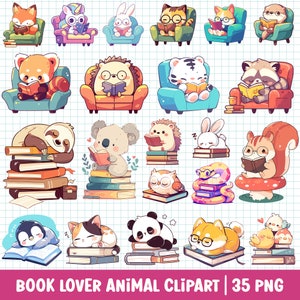 Cute Book Lover PNG Bundle Kawaii Animal Reading Books Clipart Funny Bookworm Geek Cartoon Illustration Digital Sticker Sublimation Kids Art
