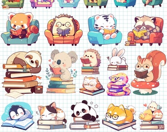 Cute Book Lover PNG Bundle Kawaii Animal Reading Books Clipart Funny Bookworm Geek Cartoon Illustration Digital Sticker Sublimation Kids Art