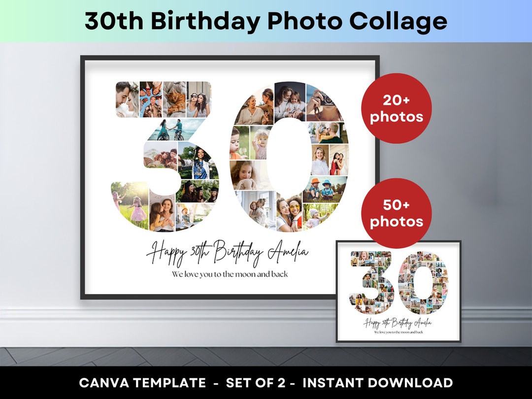 30th birthday number 30 photo collage printable canva frame template