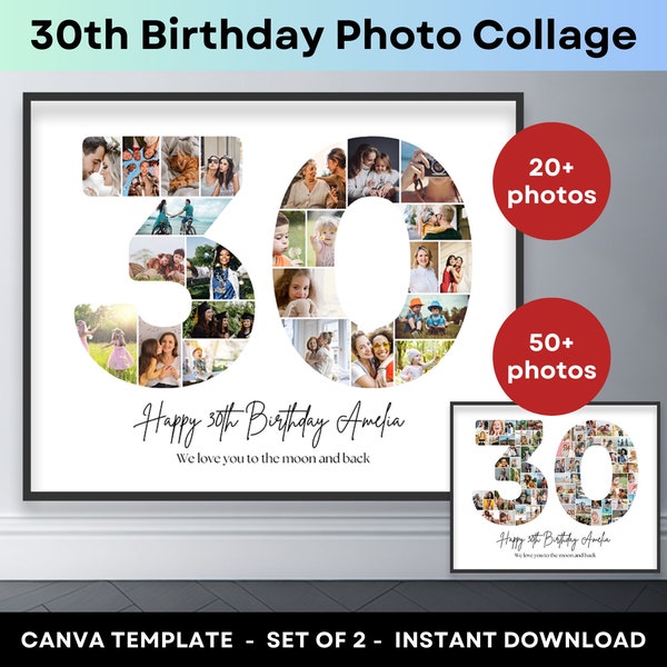 30. Geburtstag Zahl 30 Foto Collage druckbare Canva Rahmen Vorlage 30. Jahrestag Bild Collage 8x10 Poster Personalisiertes Geburtstagsgeschenk