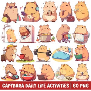 May include: 60 digital illustrations of a capybara doing various activities, such as using a washing machine, exercising, reading a book, and eating ramen. The illustrations are in a cartoon style and have a lighthearted tone.