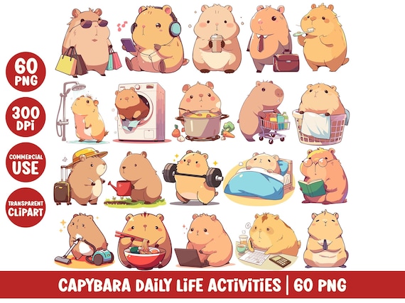 Cute Capybara Clipart Kawaii Capybara PNG Bundle Set Daily Life Activity Digital Sticker Pack for Planner Morning Routine Everyday Chores