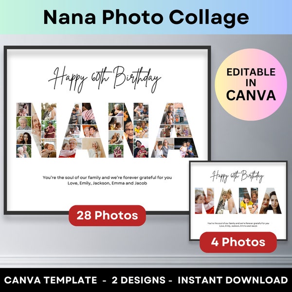 Nana Photo Collage Grandma Birthday Gift from Grandkids Personalized DIY Grandmother Picture Collage Custom Word Photo Gifts Canva Template