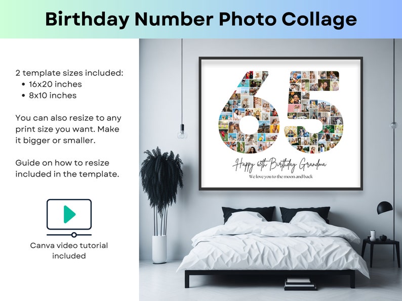 65th Birthday Number 65 Photo Collage Printable Canva Frame Template ...