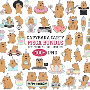 May include: A collection of cartoon capybaras in various party-themed scenarios. The illustrations include capybaras with birthday cakes, balloons, and musical instruments. The image also includes the text "CAPYBARA PARTY MEGA BUNDLE".
