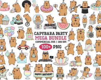 Kapybara födelsedagsfest Clipart PNG-paket Kawaii djurklistermärken för barnpyssel Rolig fest Sublimering