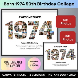 Colagem de fotos do 50º aniversário, ano de 1974, colagem de fotos com número do 50º aniversário, pôster para impressão, presente de aniversário personalizado, modelo Canva