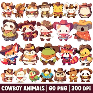 Cute Animal Cowboy Clipart Cowboy Hat Animal PNG Bundle Set Western Country Cartoon Illustration Safari Zoo Farm Animals Digital Sticker