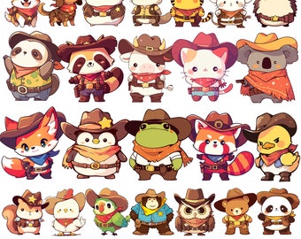 Cute Animal Cowboy Clipart Cowboy Hat Animal PNG Bundle Set Western Country Cartoon Illustration Safari Zoo Farm Animals Digital Sticker