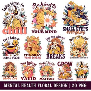 Zdrowie psychiczne PNG Projekt Motywacyjny Cytat Clipart Boho Kwiat Inspirujące Powiedzenie Samoopieka Pozytywne Afirmacje Kwiatowy Obraz Sublimacji