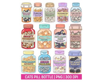Funny Cat Pill Bottle PNG Bundle, Kawaii Antidepressant Cat Stickers, Serotonin Mood Booster Clipart, Mental Health Humor, Pharmacist Gift