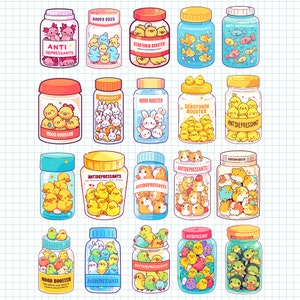 Söta antidepressiva husdjur PNG-paket Kawaii djur i pillerflaska Tecknad illustration Mental hälsa Medvetenhet Ångest Serotonin Booster bild 4