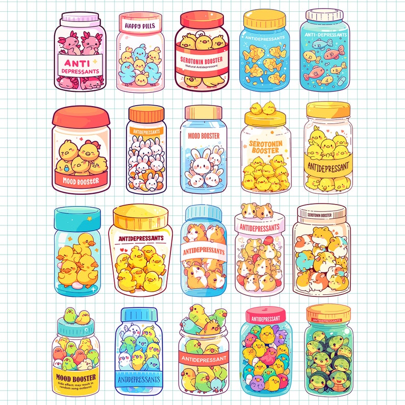Söta antidepressiva husdjur PNG-paket Kawaii djur i pillerflaska Tecknad illustration Mental hälsa Medvetenhet Ångest Serotonin Booster bild 4