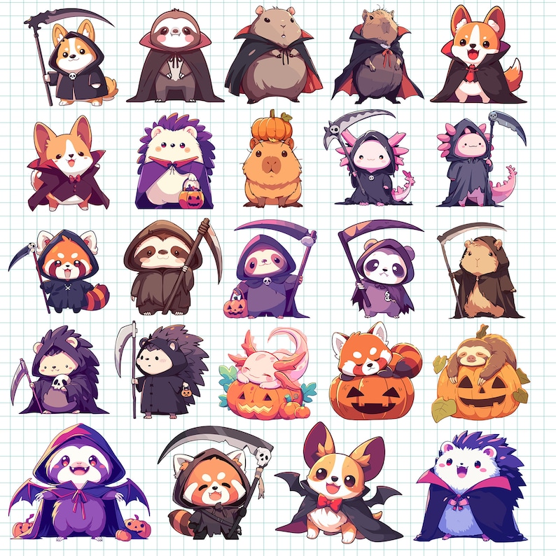 K&ouml;nnte beinhalten: Eine Sammlung von 25 niedlichen Comicfiguren, jede mit einem einzigartigen Design und einer einzigartigen Pers&ouml;nlichkeit. Die Figuren sind in verschiedenen Kost&uuml;men gekleidet, darunter eine Hexe, ein Vampir, ein Geist und ein Skelett. Sie halten alle Halloween-Accessoires wie K&uuml;rbisse, Flederm&auml;use und S&uuml;&szlig;igkeiten in der Hand.