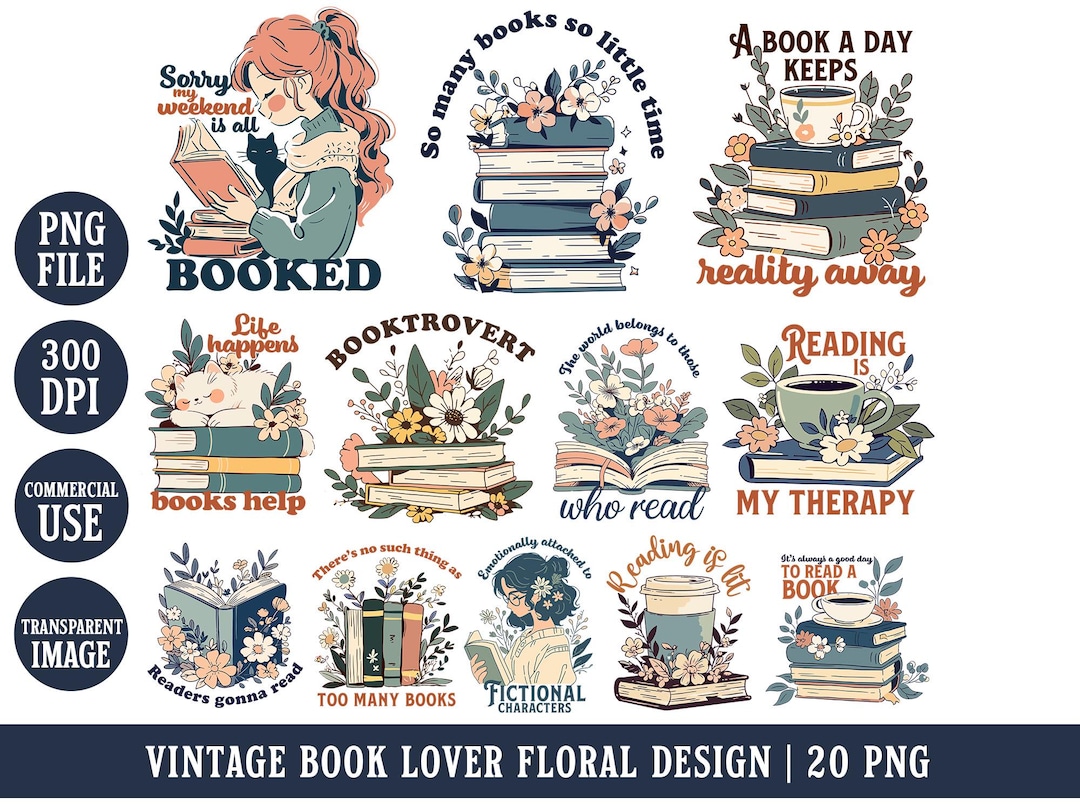 Book Lover PNG Funny Reading Quotes Vintage Floral Bookish Flower ...