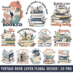 Paquete de imágenes de sublimación para diseño de camisetas, pegatinas imprimibles, diseño de camisetas, imágenes prediseñadas de flores de libros, citas divertidas de lectura, amante de los libros
