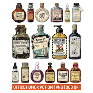 Corporate Witch Potion PNG Bundle, Funny Office Humor Halloween Clipart, Retro Vintage Horror Bottle Labels, Coworker Gifts, Work Stickers