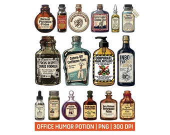 Corporate Witch Potion PNG Bundle, Funny Office Humor Halloween Clipart, Retro Vintage Horror Bottle Labels, Coworker Gifts, Work Stickers