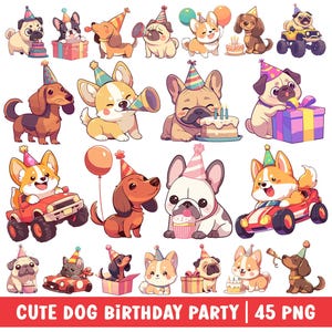 Cute Dog Birthday Party Clipart PNG Bundle Set Kawaii Puppy Dog Breed Kids Party Décor Cartoon Illustration Corgi Bulldog Pug Dachshund