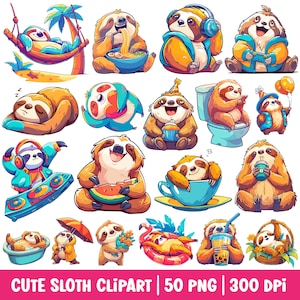 Paresseux mignon Clipart paresseux PNG Kawaii Animal Cartoon Illustration aquarelle Cool drôle autocollant numérique sommeil sieste café Boba thé Gamer