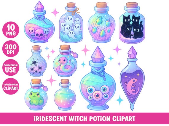 Halloween Potion Bottle Png Cute Witch Potion Clipart Bundle Iridescent Magical Potions Kawaii Ghost Black Cat Skull Snake Spider Eyeball