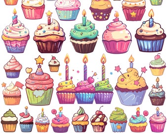 Cute Cupcakes Clipart Kawaii Birthday Cupcake With Candle PNG Bundle Colorful Muffin Watercolor Illustration Digital Sticker Baby Shower