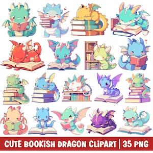 Cute Dragon Book Lover Clipart Kawaii Baby Dragon Reading Bookish PNG Bundle Set Cartoon Digital Sticker Sublimation Image for School Kids