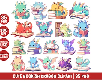 Puede incluir: Una colección de 35 ilustraciones digitales con dragones de dibujos animados de varios colores interactuando con libros. El texto dice 35 PNG, 300 DPI, COMMERCIAL USE, TRANSPARENT CLIPART y CUTE BOOKISH DRAGON CLIPART 35 PNG.