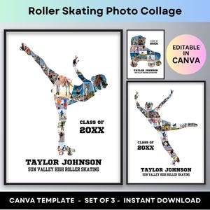 May include: A set of three framed photo collages with a roller skating theme. Each collage features a silhouette of a skater filled with photos. Text includes "Class of 20XX" and "Taylor Johnson, Sun Valley High Roller Skating."
